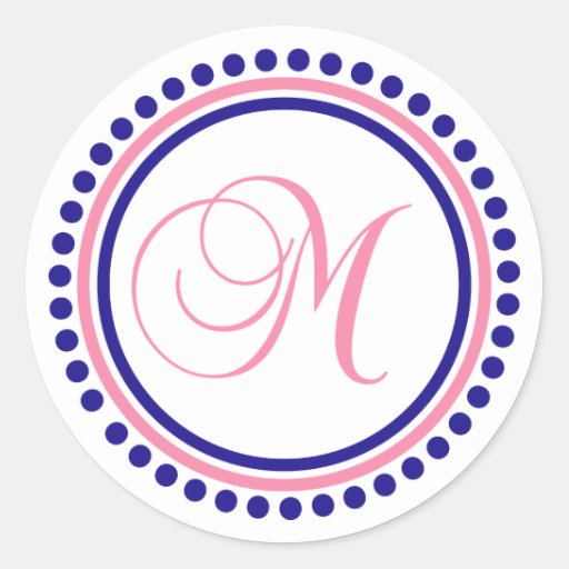 M Monogram (Navy Blue / Pink Dot Circle) Classic Round Sticker | Zazzle