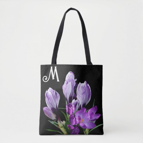 M monogram purple crocus flowers trendy boho hot tote bag