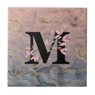 M Monogram w/Pink Floral Sprays on Waves Bckgrnd Ceramic Tile