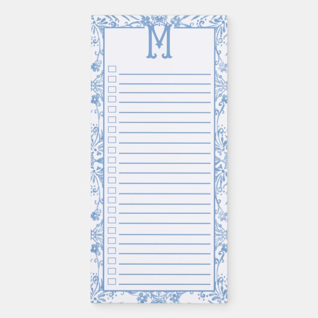 M Monogrammed Blue & White Floral Magnetic Notepad (Front)