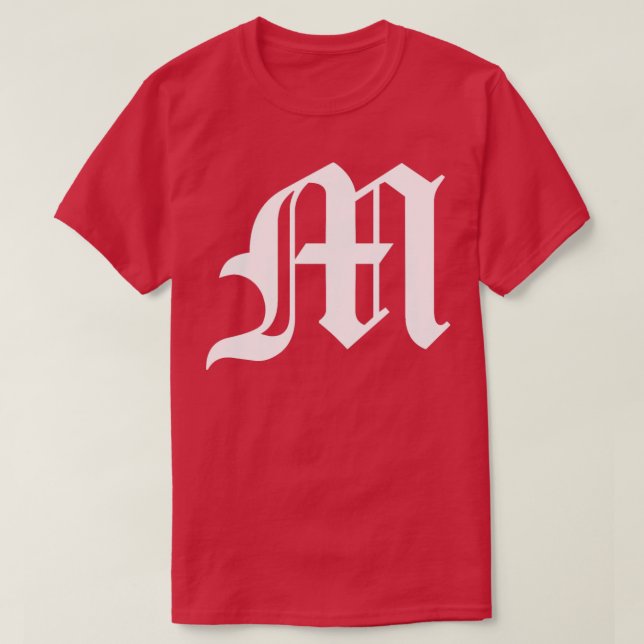 M  Old English Initial White Letter M  T-Shirt (Design Front)