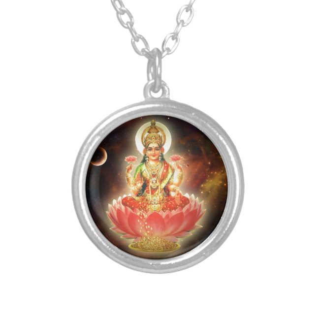 MAA MAHALAXMI DEVI INDIAN GODDESS OF WEALTH/ FORTU SILVER PLATED NECKLACE (Front)