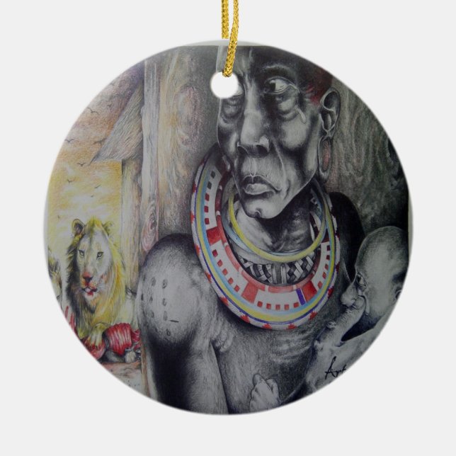 Maasai Mother and Child with Lion Art Print/Graphi Ceramic Ornament (Front)