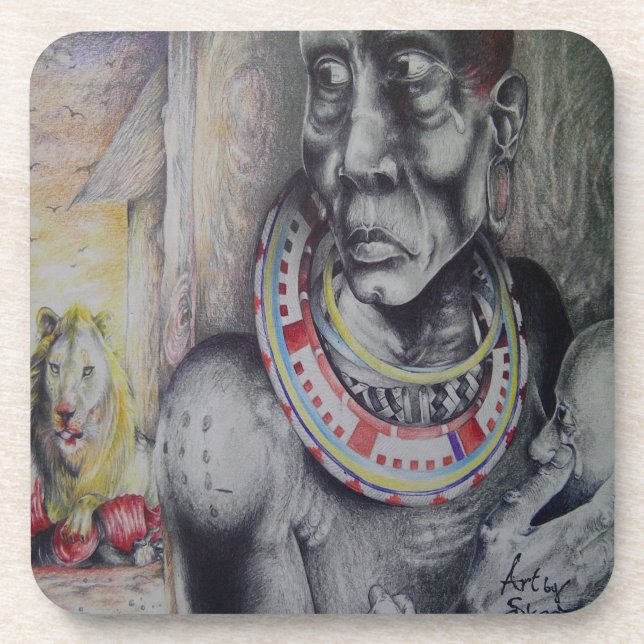 Maasai Mother and Child with Lion Art Print/Graphi Coaster (Front)