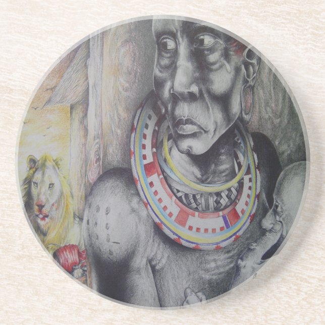 Maasai Mother and Child with Lion Art Print/Graphi Sandstone Coaster (Front)