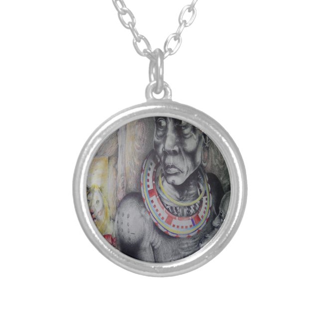 Maasai Mother and Child with Lion Art Print/Graphi Silver Plated Necklace (Front)