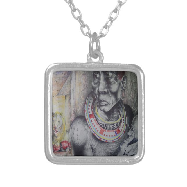 Maasai Mother and Child with Lion Art Print/Graphi Silver Plated Necklace (Front)