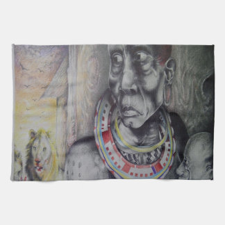 Maasai Mother and Child with Lion Art Print Towel