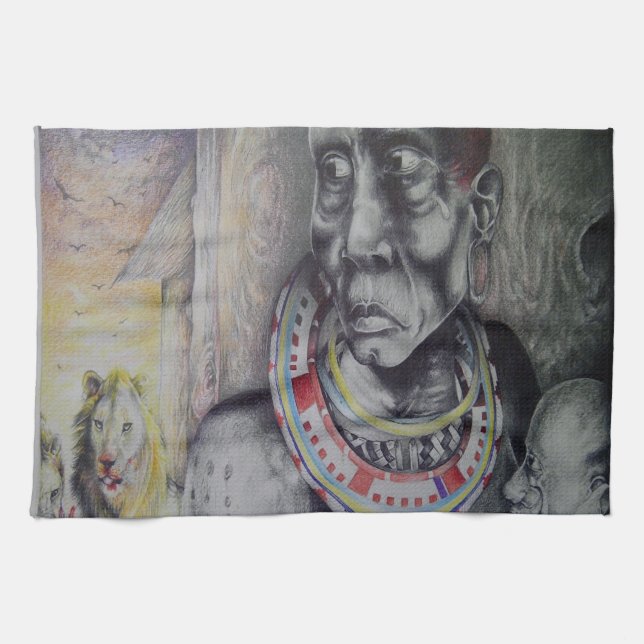 Maasai Mother and Child with Lion Art Print Towel (Horizontal)