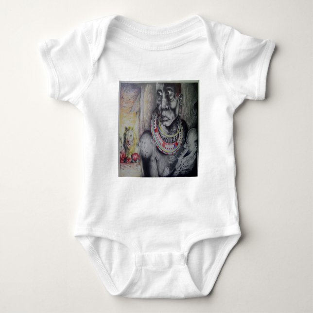 Maasai Mother & Child with Lion Art Print/Graphic Baby Bodysuit (Front)