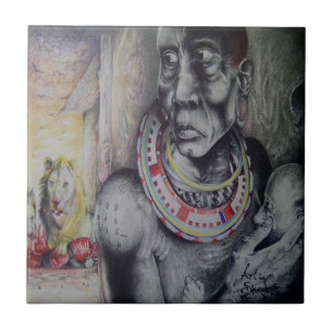 Maasai Mother & Child with Lion Art Print/Graphic Ceramic Tile