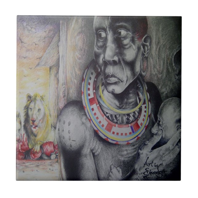 Maasai Mother & Child with Lion Art Print/Graphic Ceramic Tile (Front)