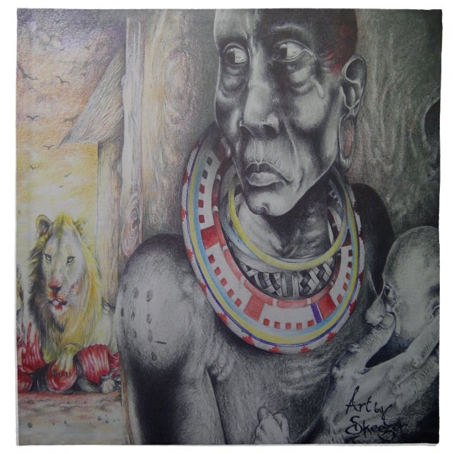 Maasai Mother & Child with Lion Art Print/Graphic Cloth Napkin (Front)