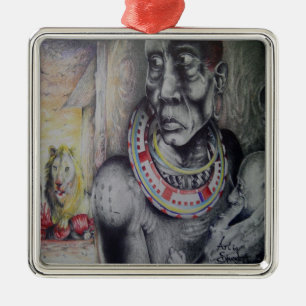 Maasai Mother & Child with Lion Art Print/Graphic Metal Ornament