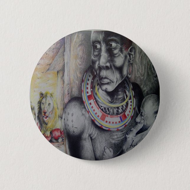 Maasai Mother & Child with Lion Art Print/Graphic Pinback Button (Front)