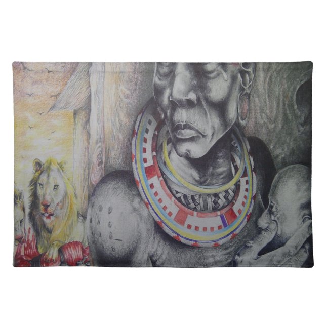 Maasai Mother & Child with Lion Art Print/Graphic Placemat (Front)
