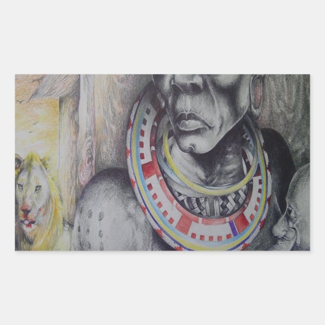 Maasai Mother & Child with Lion Art Print/Graphic Rectangular Sticker (Front)
