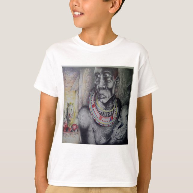 Maasai Mother & Child with Lion Art Print/Graphic T-Shirt (Front)