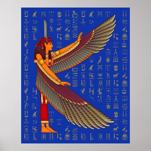 Maat Golden Hieroglyphs On Blue Poster