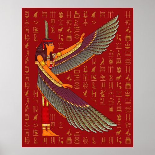 Maat Golden Hieroglyphs On Red Poster