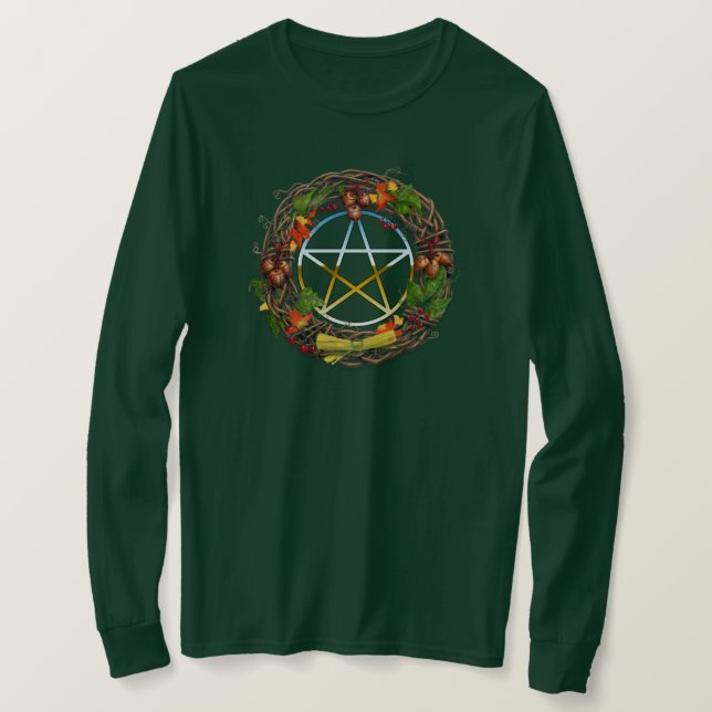Mabon Grape Vine Wreath with Pentacle T-Shirt (Design Front)