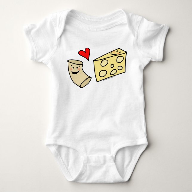 Mac Loves Cheese, Funny Cute Macaroni + Cheese Baby Bodysuit (Front)