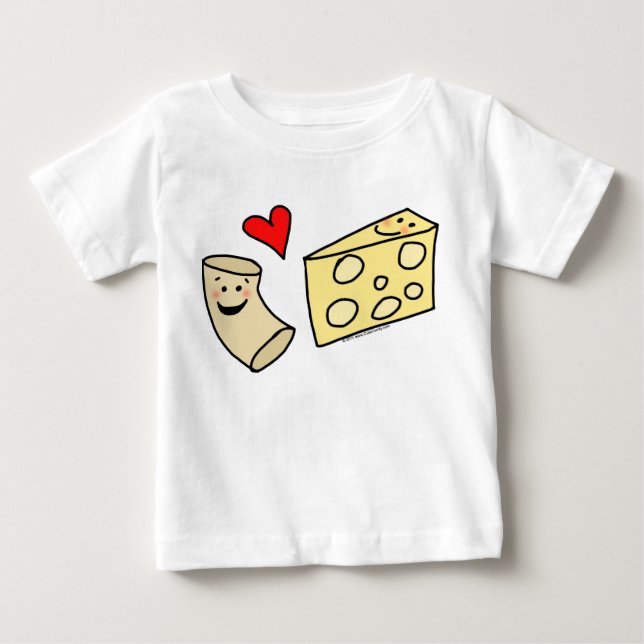 Mac Loves Cheese, Funny Cute Macaroni + Cheese Baby T-Shirt (Front)