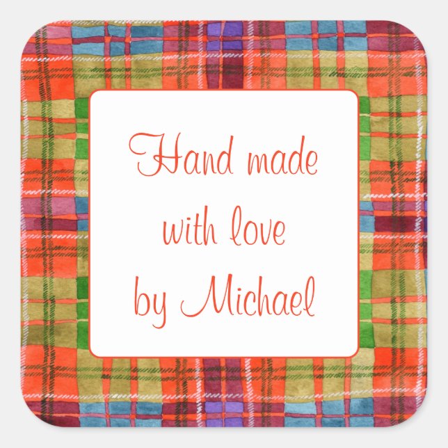 MAC RAE TARTAN 3" Square "Hand Made" Stickers (Front)