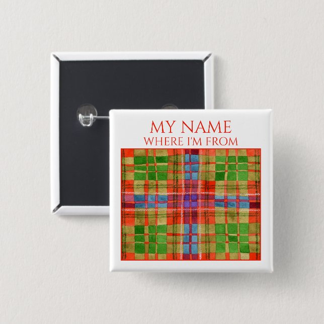 MAC RAE TARTAN Square Name Tag Pin Button (Front & Back)