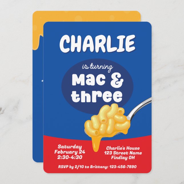 Mac & Three Macaroni and Cheese 3rd Birthday Party Invitation (Front/Back)