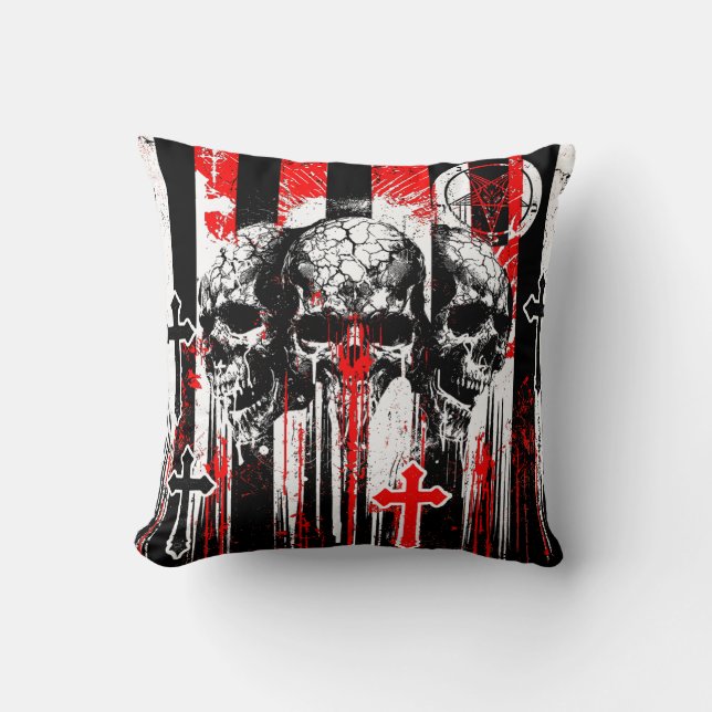 Macabre Elegance: Skulls and Crosses in Gothic Cha Throw Pillow (Front)