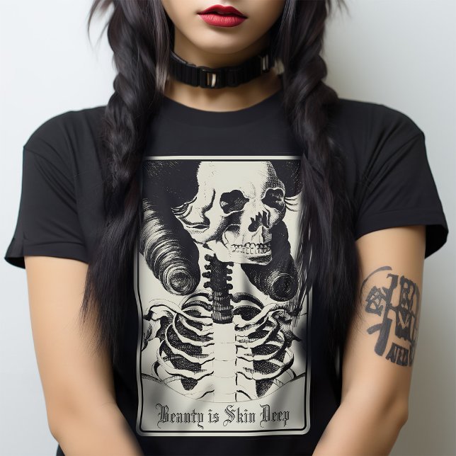 Macabre Skeleton Skull Beauty Tarot Victorian Goth T-Shirt (Never a truer statement: Beauty is only Skin Deep, add your own text, gothic T)