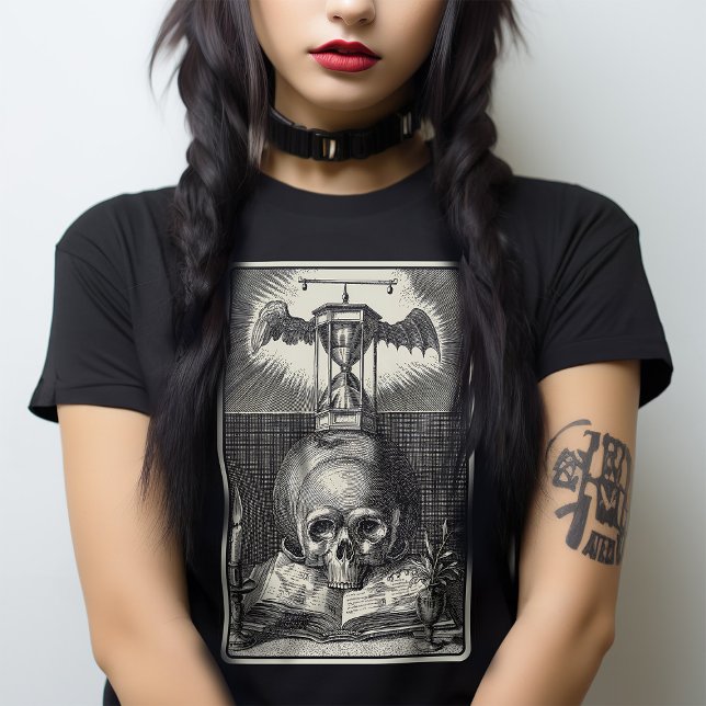 Macabre Skull Medieval Tarot Victorian Gothic T-Shirt (A memento mori gothic t shirt design with all the elements of poignant gothic reflection.)