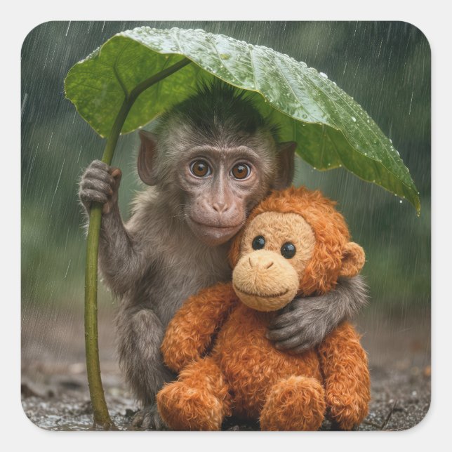 Macaque Monkey with Orange Orangutan Square Sticker (Front)