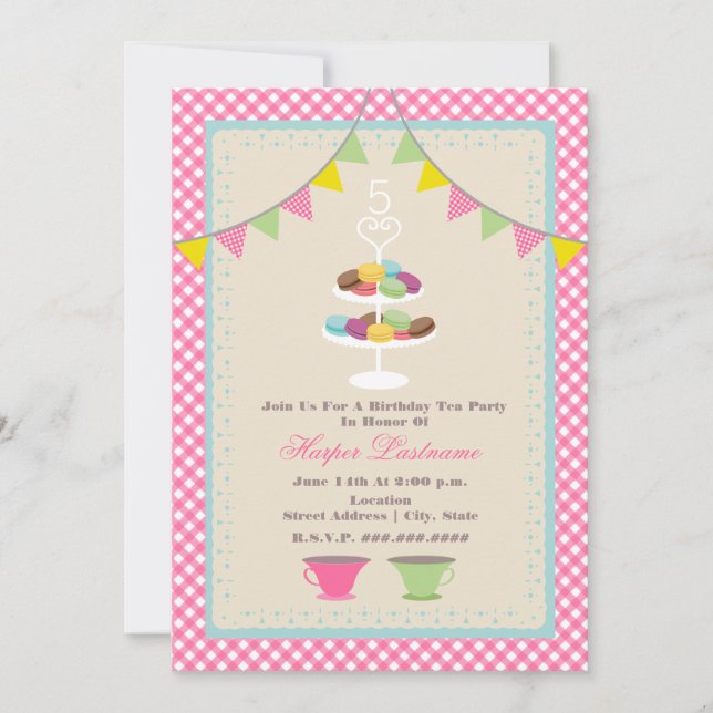 Macaron Birthday Tea Party Invitation Pink Gingham (Front)