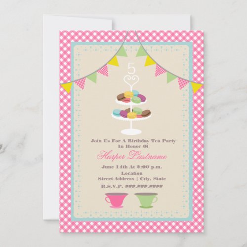 Macaron Birthday Tea Party Invitation Pink Gingham