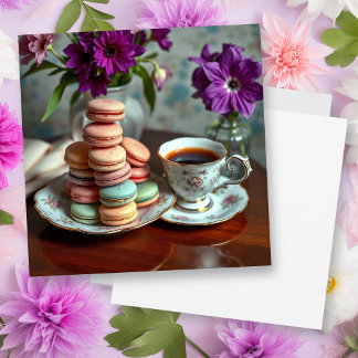 Macaron, Coffee and Vase of Purple Flowers Card