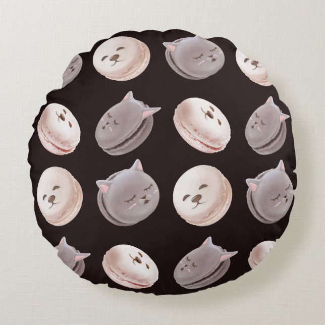 Macaron Parade – Kitty & Puppy Seamless Pattern Round Pillow (Front)