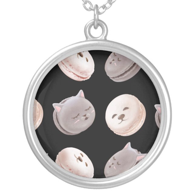 Macaron Parade – Kitty & Puppy Seamless Pattern Silver Plated Necklace (Front)