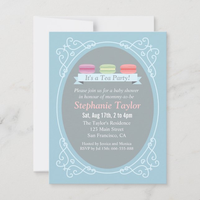 Macaron Tea Party Baby Shower, Blue and Grey Invitation (Front)