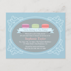 Macaron Tea Party Baby Shower, Blue and Grey Invitation