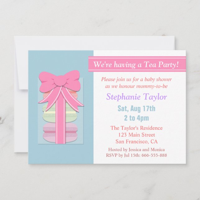 Macaron Tea Party Baby Shower, Blue and Pink Invitation (Front)