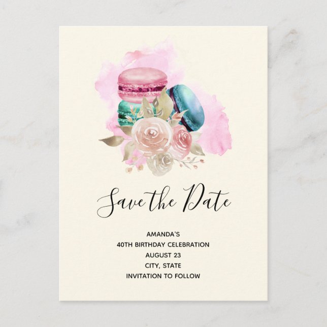 Macarons and Flowers Watercolor Save the Date Invitation Postcard (Front)