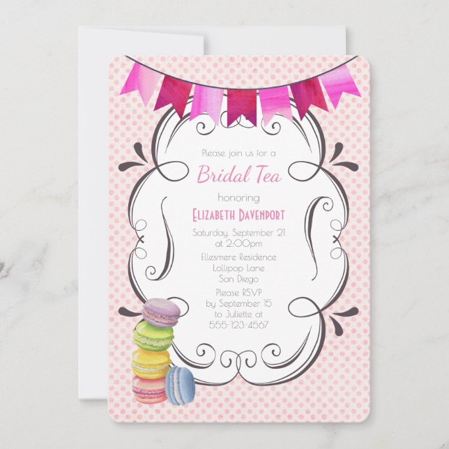 Macarons and Pink Polka Dots Bridal Tea Invitation (Front)