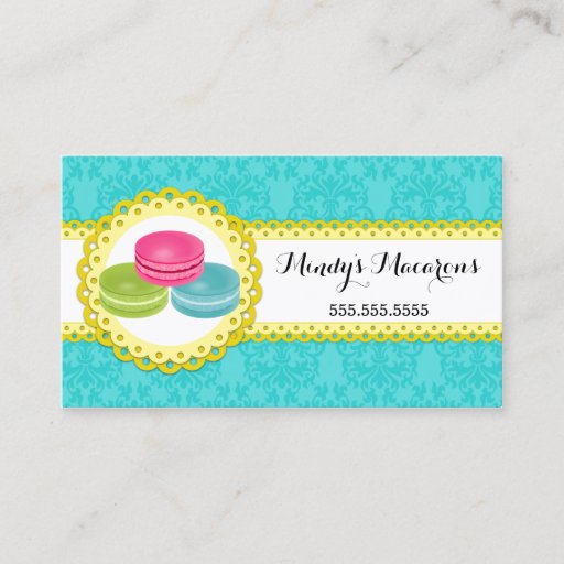 Customizable Macarons Bakery Damask Scalloped Border Business Card