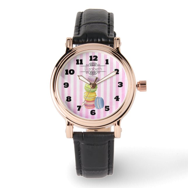 Macarons French Dessert in Watercolor Personalized Watch (Front)