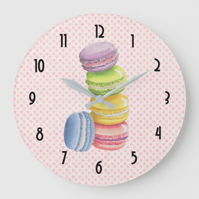 Macarons French Dessert Pastel Watercolors Large Clock (Front)