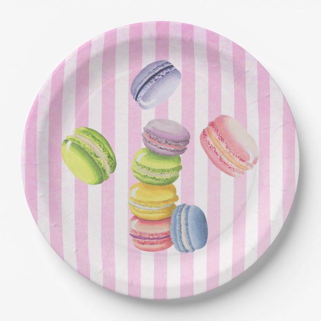 Macarons French Pastry in Pastel Watercolors Paper Plates (Front)