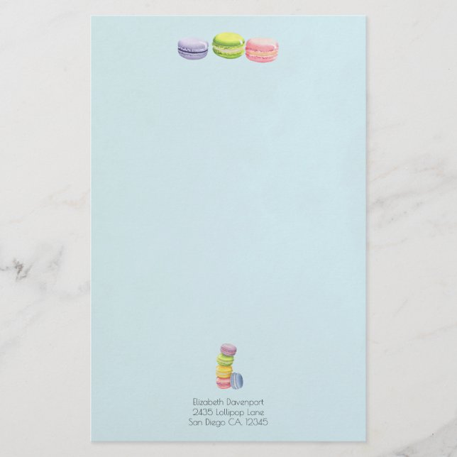 Macarons French Pastry in Watercolors Stationery (Front)