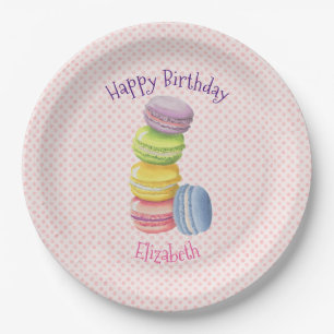 Macarons French Pastry Polka Dots Happy Birthday Paper Plates